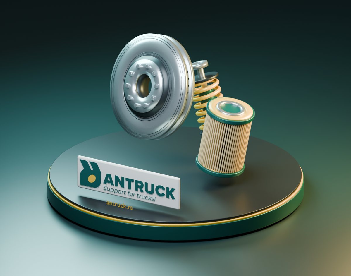 ANTRUCK 3D prikaz: kočioni disk, filter vazduha i amortizer na brendiranom postolju